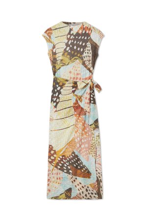 Robe portefeuille multicolore présentant un mélange de motifs de feuilles et d'animaux dans des nuances de brun, bleu, orange et crème; tissu léger; détail à nouer.
