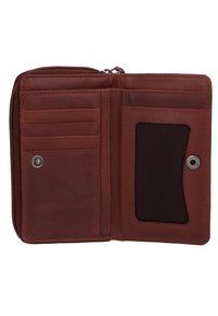 Brown leather wallet with zip closure, features multiple card slots, a mesh ID window, and a snap button detail on one side.