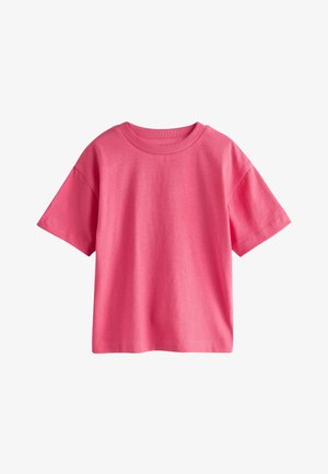 Schlichtes pinkes Baumwoll-T-Shirt mit kurzen Ärmeln, rundem Ausschnitt und lockerer Passform, vor weißem Hintergrund gezeigt.