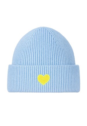 Light blue ribbed knit beanie with a folded cuff and a yellow heart embroidery on the front. Soft texture and fitted shape.