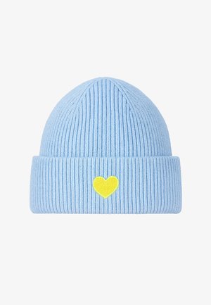 Light blue ribbed knit beanie with a folded cuff and a yellow heart embroidery on the front. Soft texture and fitted shape.