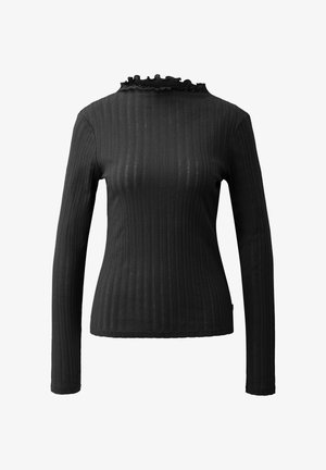 Schwarzes langärmeliges, geripptes Oberteil mit hohen Rüschendetails, tailliertem Schnitt und weicher Textur. Verfügt über schmale vertikale Streifen.