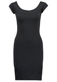 Robe moulante noire à manches courtes avec un large décolleté arrondi, une longueur au genou et une silhouette ajustée.