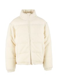 Kremfarget puffjakke med høy krage, frontglidelås og teksturert fleece-materiale med glatt overdel.