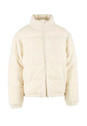 Krämfärgad pufferjacka med hög krage, framzipper och texturerat fleece-material med slätt övre panel.