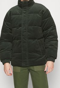 Chaqueta de plumas de pana verde con cuello alto, puños elásticos y bolsillos frontales. Textura suave con diseño acolchado.