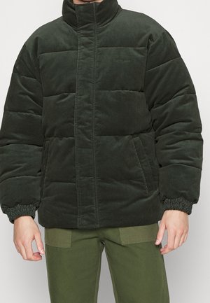 Chaqueta de plumas de pana verde con cuello alto, puños elásticos y bolsillos frontales. Textura suave con diseño acolchado.