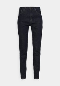 Jeans de ganga azul-escuro com um corte slim, design de cinco bolsos e fecho de botão de metal. Apresenta detalhes de costura clássicos e forma de perna reta.