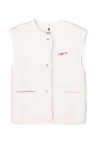 Weißer Fleece-Weste mit weicher Textur, Druckknöpfen und zwei Vorder taschen. Auf der linken Brust ist "FOREVER" in Rosa bedruckt.