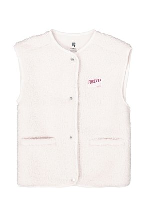 Witte fleece vest met een zachte textuur, drukknoopsluitingen en twee zijzakken. Heeft "FOREVER" in het roze gedrukt op de linkerkant van de borst.