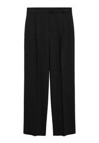 Pantalon noir sur mesure avec une coupe droite, doté de plis, d'une ceinture, sans poches visibles ni ornements.