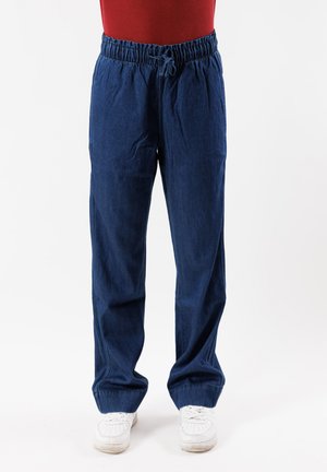 Blauwe spijkerbroeken met een elastische tailleband en verstelbaar trekkoord. Ontspannen pasvorm met zijzakken en recht gesneden benen.