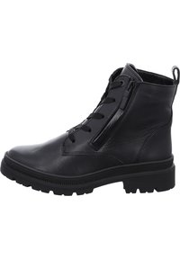 Bottines en cuir noir avec une surface texturée, dotées d'une fermeture éclair à l'avant, d'un laçage et d'une semelle en caoutchouc robuste.