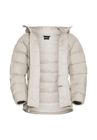 Hellgraue Steppjacke mit Reißverschluss vorne, Kapuze und elastischen Bündchen. Sie verfügt über horizontale Steppnähten und Innentaschen.