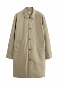 Cappotto trench khaki realizzato in tessuto leggero, chiusura frontale con bottoni, ampie tasche laterali e colletto classico. Presenta una vestibilità rilassata.