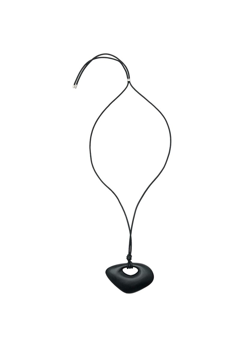 Black pendant necklace featuring a smooth, irregularly-shaped stone with a cut-out center, attached to a black cord with a knot.