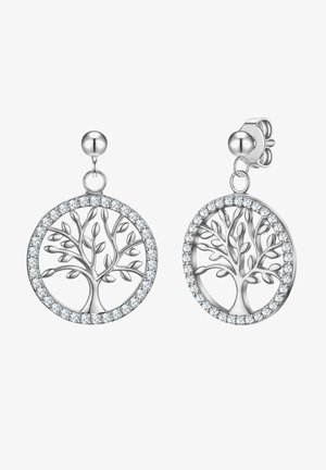 Silberne Baumdesign-Ohrringe mit runden Rahmen, umgeben von klaren Edelsteinen, mit einer polierten Oberfläche und Steckverschluss.