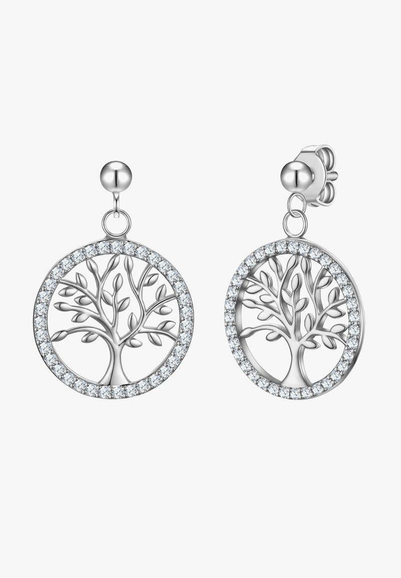 Sudraba koka dizaina auskari ar apļveida rāmjiem, ko ieskauj caurspīdīgi dārgakmeņi, ar pulētu apdari un stīgu fiksāciju.