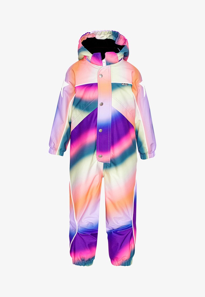 Tuta da neve intera per bambini con cappuccio, sfumatura multicolore in rosa, viola, arancione e blu, cerniera frontale e bottoni a scatto, polsini elasticizzati su maniche e gambe.