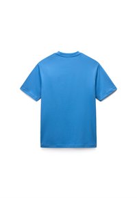 Κοντομάνικο T-shirt με στρογγυλή λαιμόκοψη σε απαλό γαλάζιο βαμβακερό ύφασμα. Ομαλή υφή, χωρίς σχέδια ή διακοσμητικά στο πίσω μέρος.