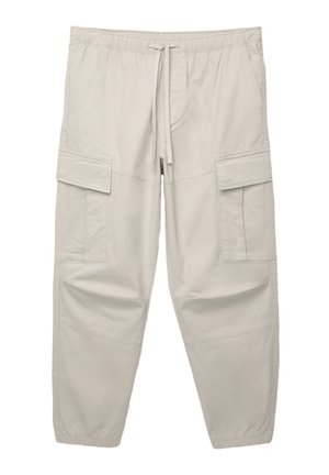 Lichtbeige cargobroek met een elastische tailleband, verstelbaar trekkoord en meerdere zijzakken; gemaakt van zachte, duurzame stof.