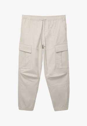 Světle béžové cargo kalhoty s elastickým pasem, nastavitelným šňůrkovým stahováním a několika bočními kapsami; vyrobené z měkké a odolné tkaniny.
