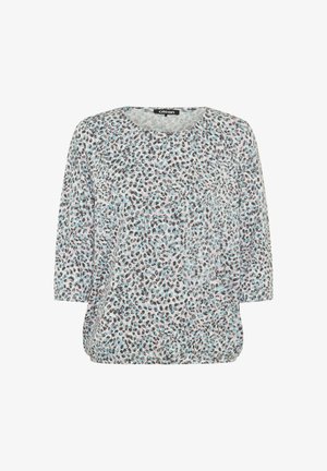 Leichte, gemusterte Bluse mit Dreiviertelärmeln. Bietet ein blaues, schwarzes und pinkes Tiermuster auf weißem Hintergrund. Rundhalsauschnitt.