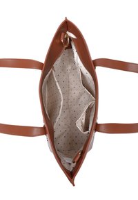 Braune Kunstlederhandtasche mit zwei Schulterriemen, Reißverschluss und einem gemusterten beigen Innenfutter mit kleinen Punkten. Innentaschen sind sichtbar.