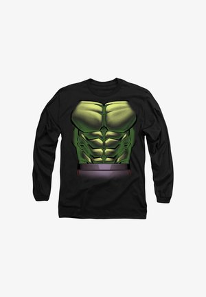 Schwarzes Langarmshirt mit einem grünen grafischen Motiv eines muskulösen Oberkörpers mit definierten Bauchmuskeln und lila Bund. Baumwollstoff mit bedrucktem Design.