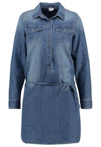 Denim-mekko pitkillä hihoilla, kauluksella, kahdella rintataskulla, nappilista, säädettävä vyötärönauha ja tasaisen sininen väri.