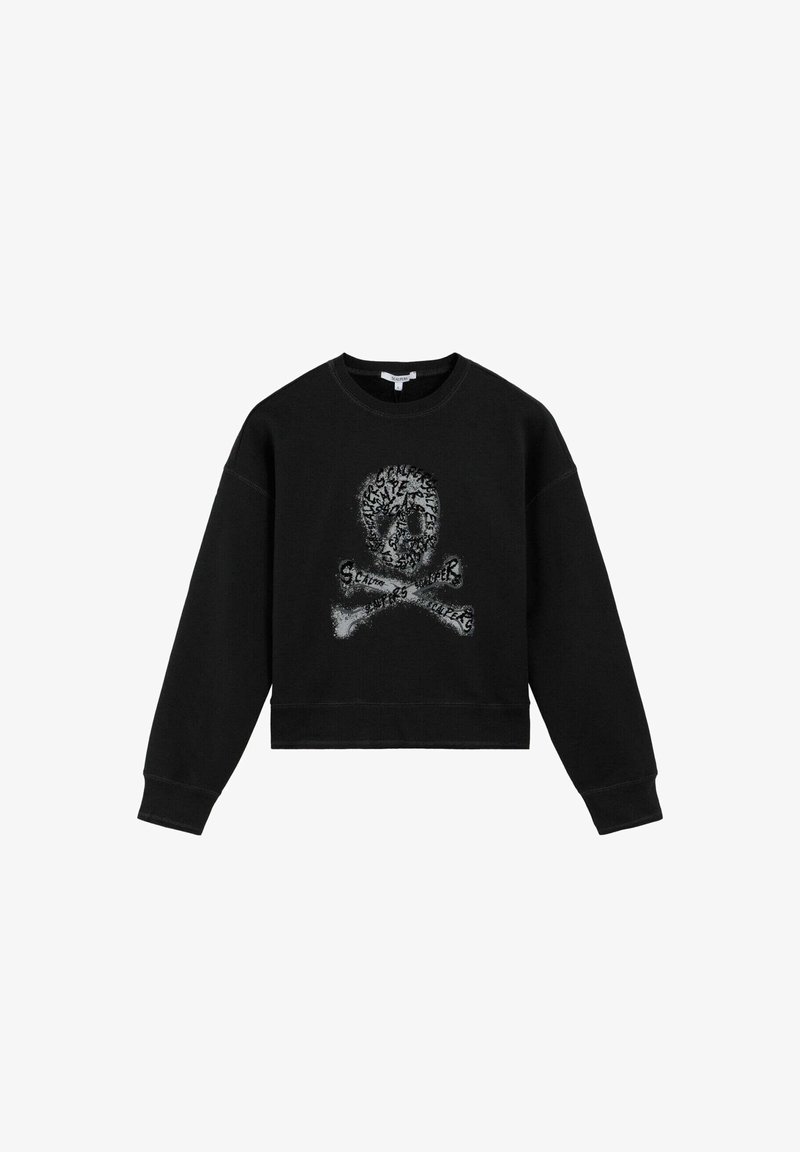 Sweatshirt noir raccourci avec un graphique de crâne et os croisés en impression argentée vieillie. Fabriqué en tissu doux avec des poignets côtelés.