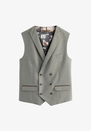 Šviesiai pilkas dvigubo užsegimo liemenė su dviem priekinėmis kišenėmis, tekstūruotas audinys ir kontrastinga išklotė, kurioje pavaizduoti laikrodžiai ir kameros.