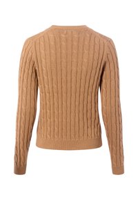 Sweter w kolorze camel z żebrowanym wykończeniem i wzorem w warkocz. Posiada długie rękawy oraz okrągły dekolt. Brak widocznych zapięć z tyłu.