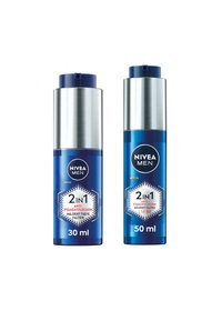 Two NIVEA MEN 2-in-1 cream containers, one silver and blue with rounded edges, labeled 30 ml and 50 ml, featuring hexagonal design elements.