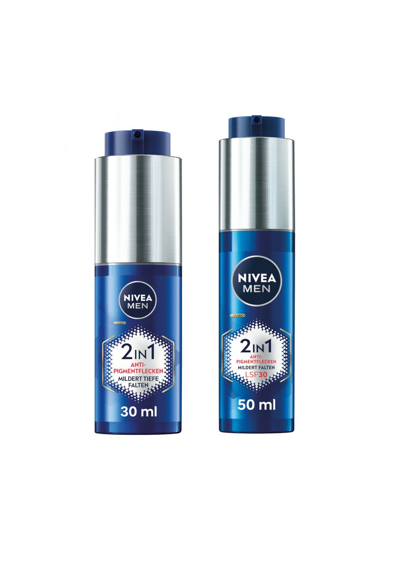 Two NIVEA MEN 2-in-1 cream containers, one silver and blue with rounded edges, labeled 30 ml and 50 ml, featuring hexagonal design elements.