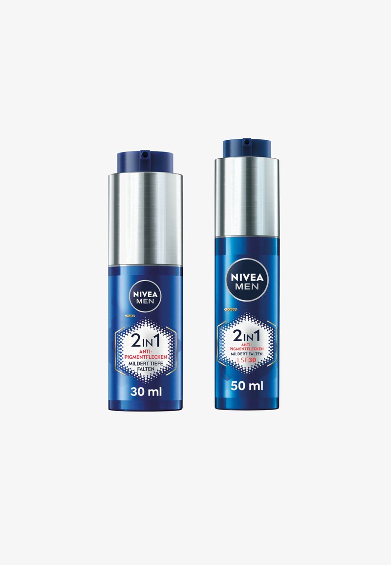 Two NIVEA MEN 2-in-1 cream containers, one silver and blue with rounded edges, labeled 30 ml and 50 ml, featuring hexagonal design elements.