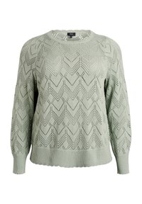 Gaiši zaļš adīts džemperis ar zigzaga rakstu, apaļu kakla izgriezumu un ribota piedurkņu un apakšmalas dizainu. Materiāls ir gaisīgs ar teksturētu apdari.