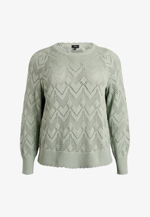 Pullover lavorato a maglia verde chiaro con motivo a zigzag, scollatura rotonda e polsini e orlo a coste. Il materiale è leggero e presenta una finitura texturizzata.