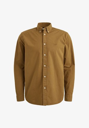 Hnědá košile na knoflíky s límečkem, dlouhými rukávy a diskétním vyšitým logem na hrudi. Bavlněný materiál s hladkou texturou.