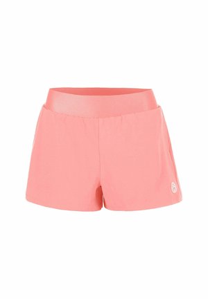 Pantalones cortos deportivos rosas con una cintura elástica ancha y un pequeño logo circular blanco en la parte inferior de la pierna izquierda sobre un fondo blanco.
