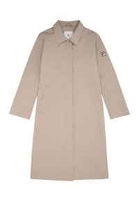 Beige regenjas met een kraag, lange mouwen, twee voorzakken en een logo patch op de linkermouw. Gemaakt van glad, waterafstotend materiaal.