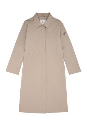 Beige sade takki, jossa on kaulus, pitkät hihat, kaksi etutaskua ja logopainatus vasemmassa hihassa. Valmistettu sileästä, vettä hylkivästä materiaalista.