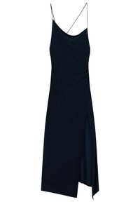 Robe marine avec un design drapé, des bretelles fines ajustables, une fente sur le côté et une texture de tissu douce pour un mouvement fluide.