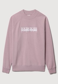 Sudadera rosa clara con cuello redondo, mangas raglán, puños y dobladillo acanalados; presenta un diseño de logo blanco en el centro.