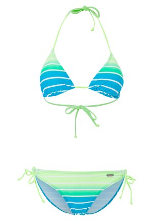 Green and blue striped triangle bikini with halter neck top and side-tie bottoms featuring a small metal brand tag.