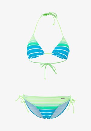 Grün-blau gestreifter Triangel-Bikini mit Neckholder-Oberteil und seitlich gebundenem Slip mit kleinem Metall-Brand-Label.