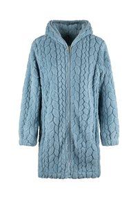 Veste à capuche zippée bleue en tissu doux et texturé avec un motif en relief. Elle présente des manches longues et une coupe décontractée.