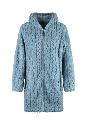 Veste à capuche zippée bleue en tissu doux et texturé avec un motif en relief. Elle présente des manches longues et une coupe décontractée.
