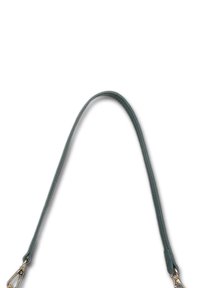 Cyan leren handtasriem met een gladde textuur, voorzien van gouden metalen hardware en een haak aan één uiteinde. Elegante gebogen vorm voor comfortabel gebruik.