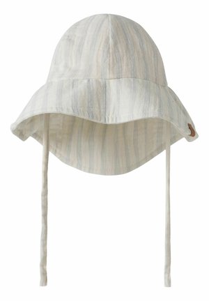 Light beige bucket hat with subtle vertical stripes and attached chin straps, made of soft fabric.